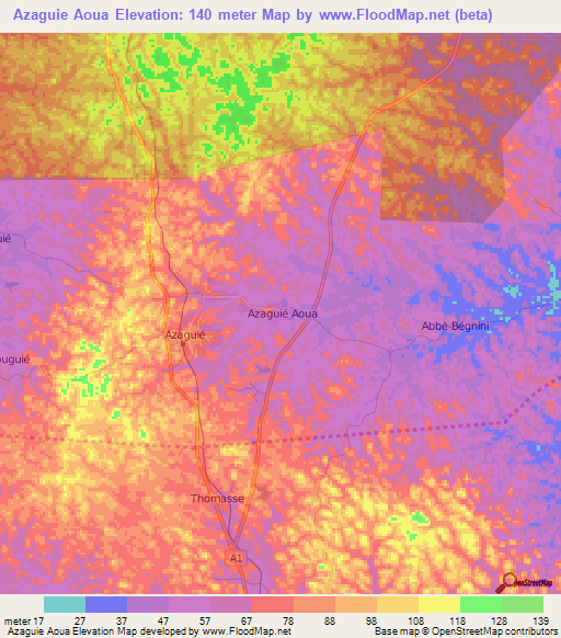 Azaguie Aoua,Ivory Coast Elevation Map
