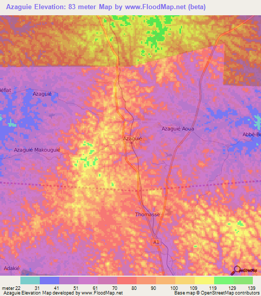 Azaguie,Ivory Coast Elevation Map