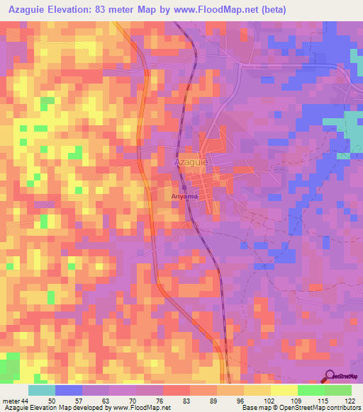 Azaguie,Ivory Coast Elevation Map