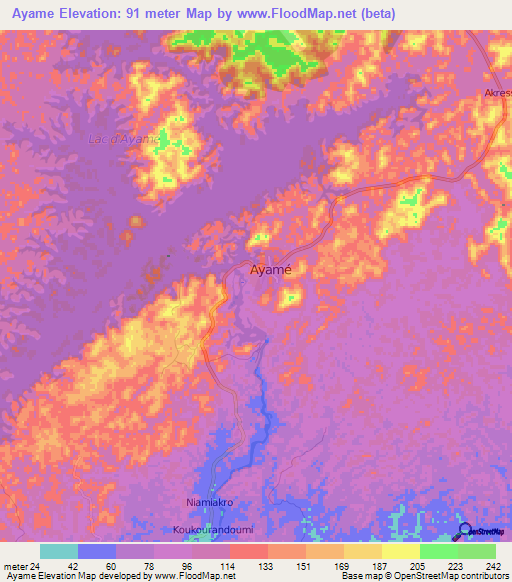 Ayame,Ivory Coast Elevation Map