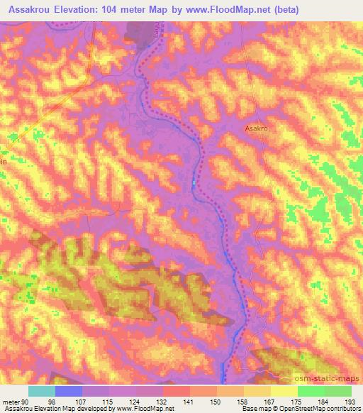 Assakrou,Ivory Coast Elevation Map