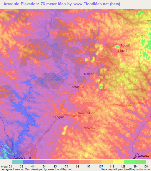 Arraguie,Ivory Coast Elevation Map