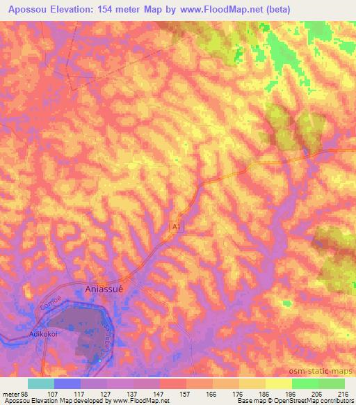 Apossou,Ivory Coast Elevation Map