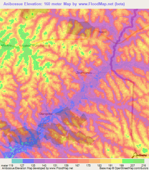 Anibossue,Ivory Coast Elevation Map