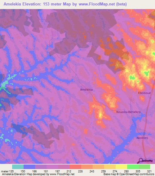 Amelekia,Ivory Coast Elevation Map