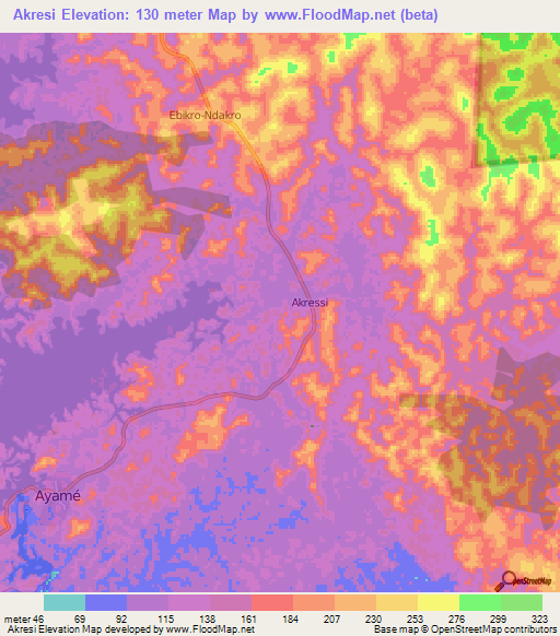 Akresi,Ivory Coast Elevation Map