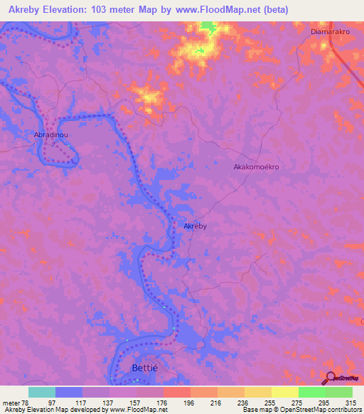 Akreby,Ivory Coast Elevation Map