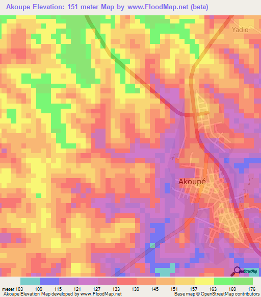 Akoupe,Ivory Coast Elevation Map