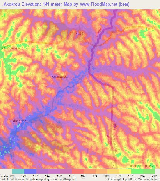 Akokrou,Ivory Coast Elevation Map