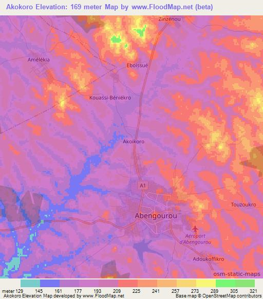 Akokoro,Ivory Coast Elevation Map
