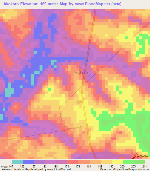 Akokoro,Ivory Coast Elevation Map