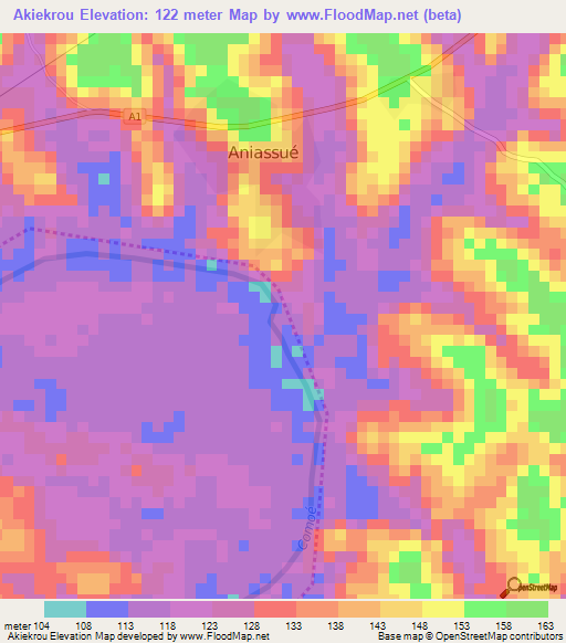 Akiekrou,Ivory Coast Elevation Map