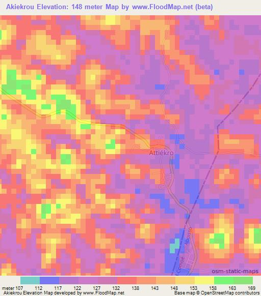 Akiekrou,Ivory Coast Elevation Map