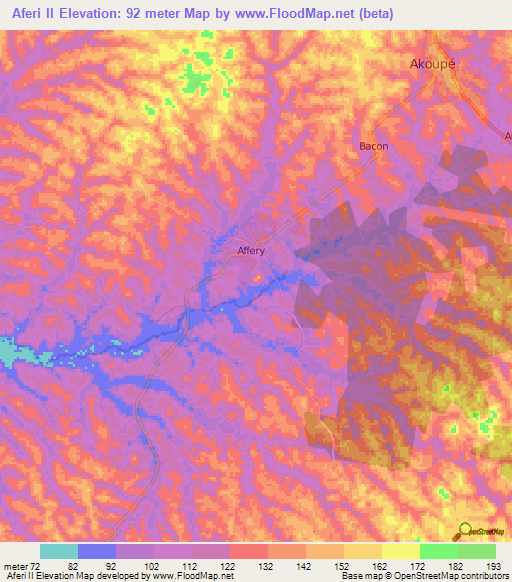 Aferi II,Ivory Coast Elevation Map