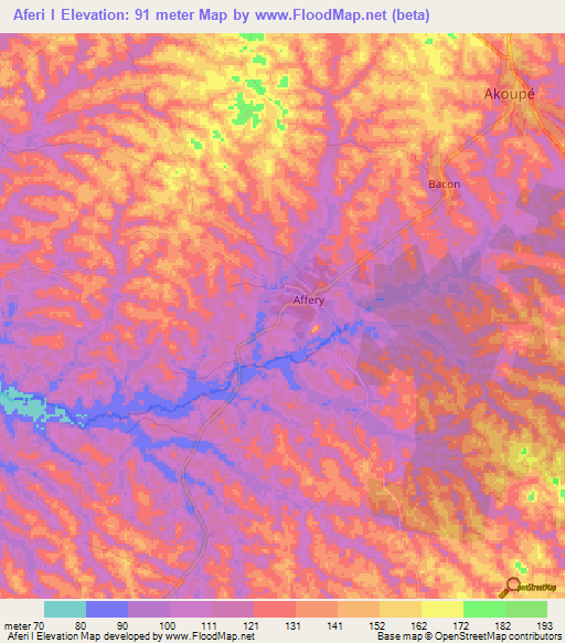 Aferi I,Ivory Coast Elevation Map