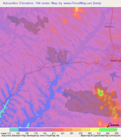 Adounikro,Ivory Coast Elevation Map