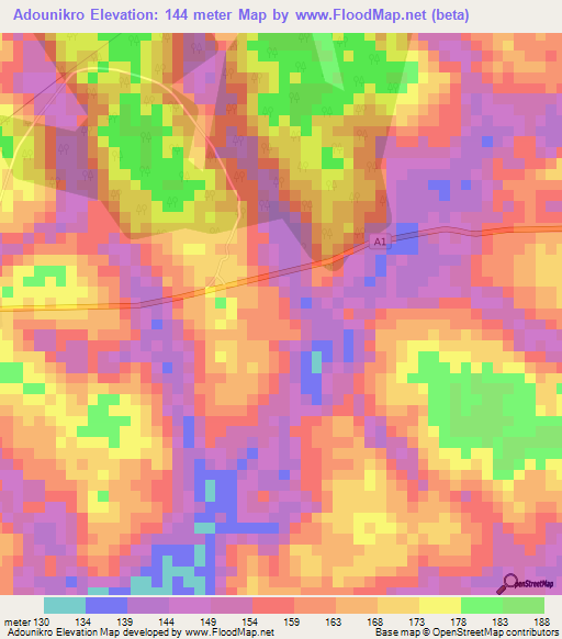 Adounikro,Ivory Coast Elevation Map