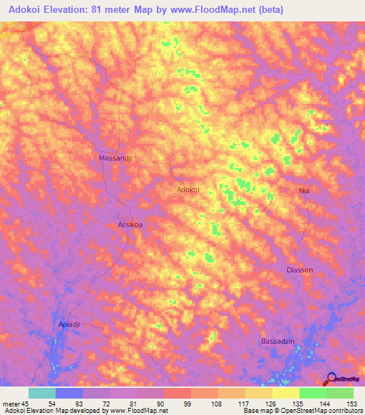 Adokoi,Ivory Coast Elevation Map