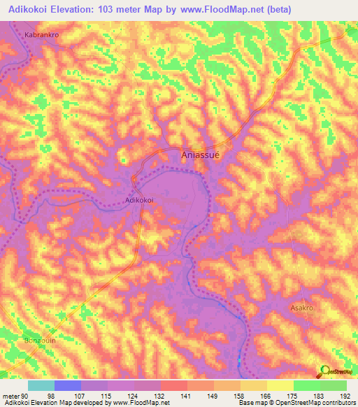 Adikokoi,Ivory Coast Elevation Map
