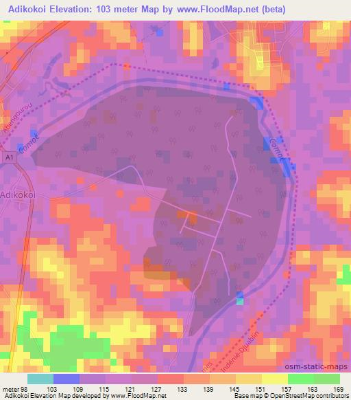 Adikokoi,Ivory Coast Elevation Map