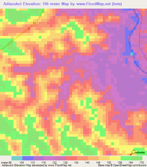 Adiaoukoi,Ivory Coast Elevation Map
