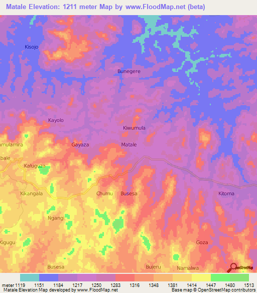 Matale,Uganda Elevation Map