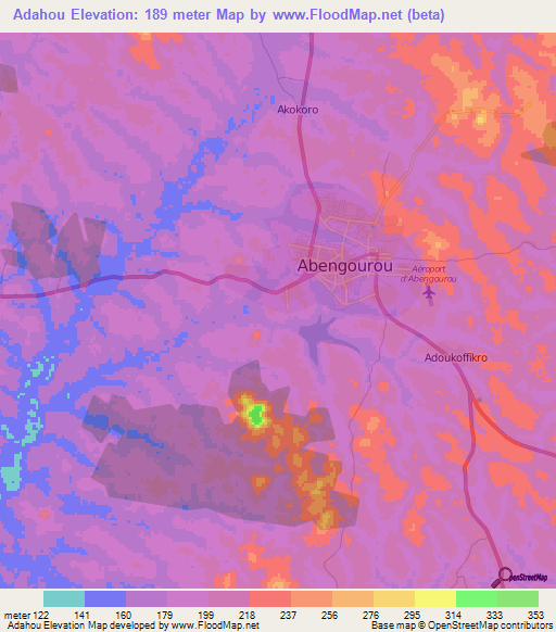 Adahou,Ivory Coast Elevation Map