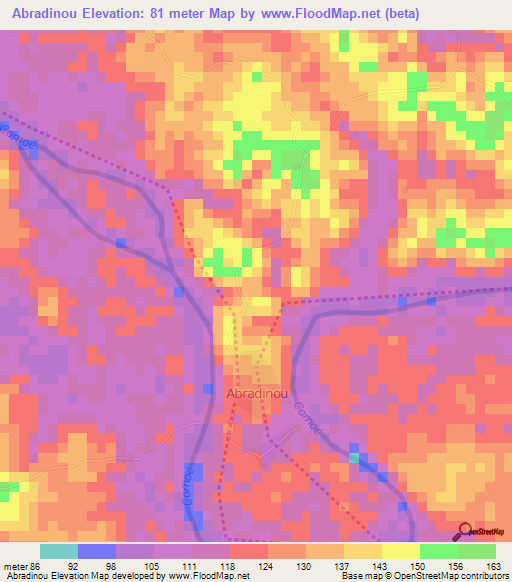 Abradinou,Ivory Coast Elevation Map