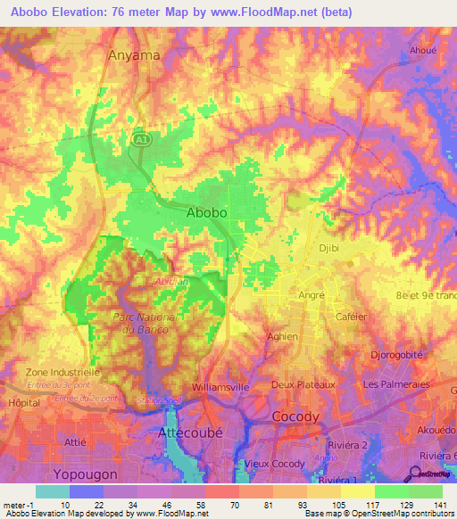 Abobo,Ivory Coast Elevation Map