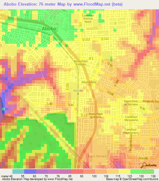 Abobo,Ivory Coast Elevation Map