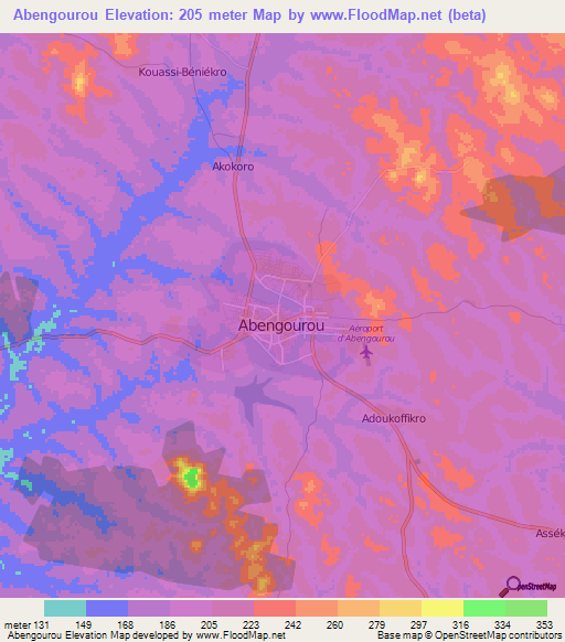 Abengourou,Ivory Coast Elevation Map