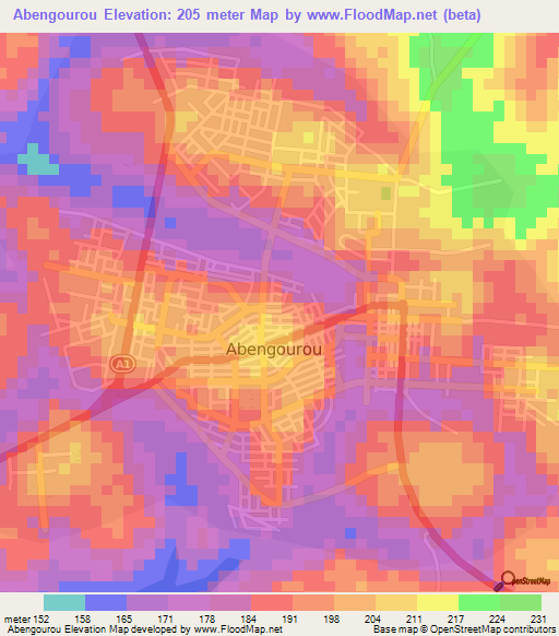 Abengourou,Ivory Coast Elevation Map