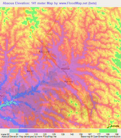 Abaoua,Ivory Coast Elevation Map