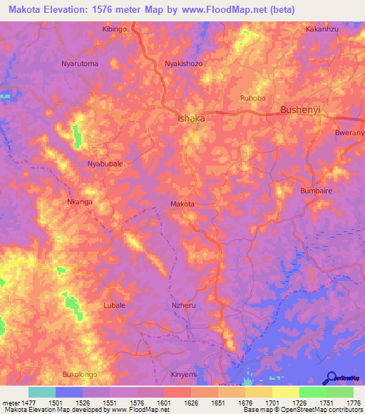Makota,Uganda Elevation Map