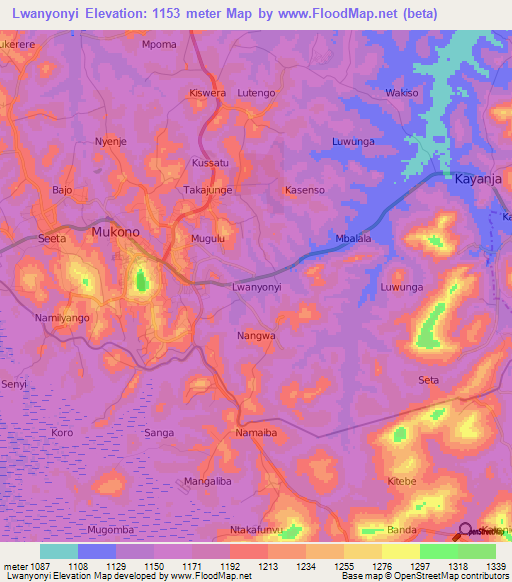 Lwanyonyi,Uganda Elevation Map