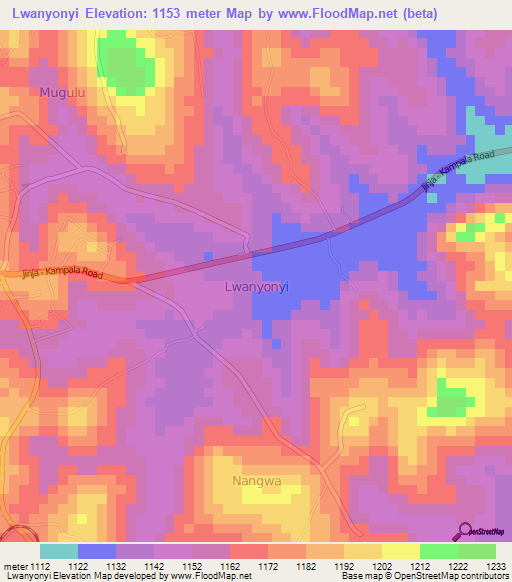 Lwanyonyi,Uganda Elevation Map