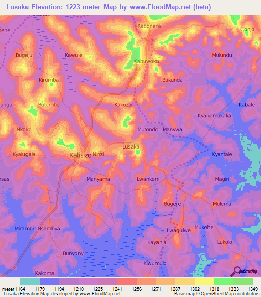 Lusaka,Uganda Elevation Map