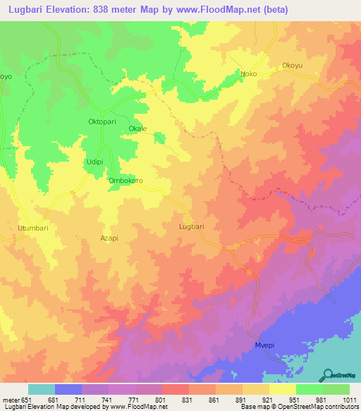 Lugbari,Uganda Elevation Map