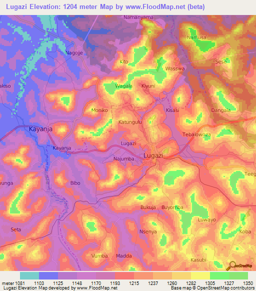 Lugazi,Uganda Elevation Map