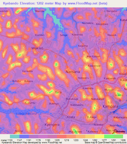 Kyebando,Uganda Elevation Map