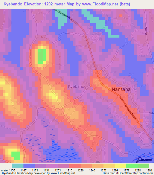 Kyebando,Uganda Elevation Map