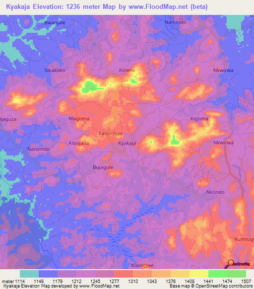 Kyakaja,Uganda Elevation Map