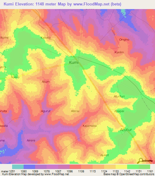 Kumi,Uganda Elevation Map