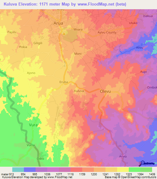 Kuluva,Uganda Elevation Map