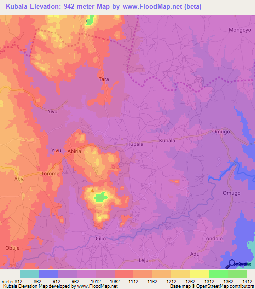 Kubala,Uganda Elevation Map
