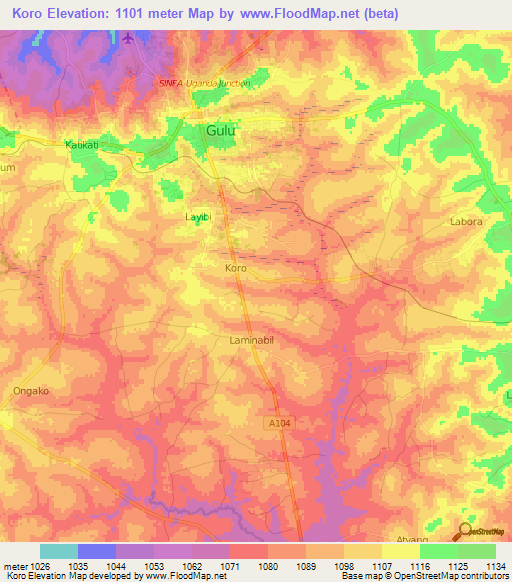 Koro,Uganda Elevation Map