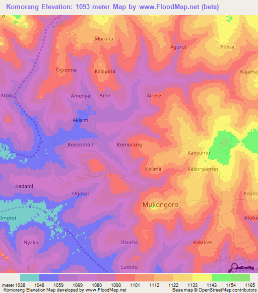 Komorang,Uganda Elevation Map