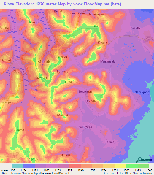 Kitwe,Uganda Elevation Map