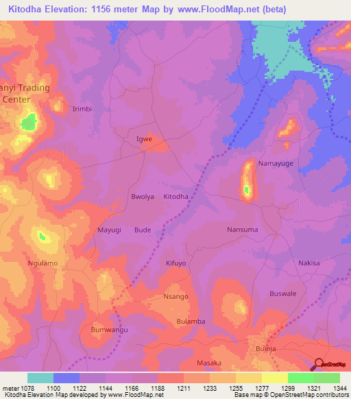 Kitodha,Uganda Elevation Map