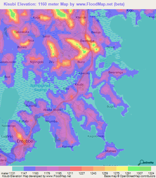 Kisubi,Uganda Elevation Map
